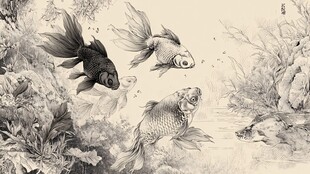水墨风金鱼水中嬉戏图