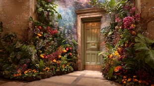 繁花簇拥的梦幻绿色之门