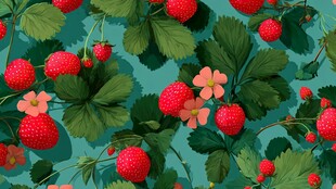 草莓绿叶花卉无缝图案