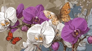 蝴蝶伴兰花的唯美插画