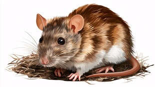 可爱棕白相间老鼠蹲在草窝