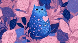 梦幻蓝猫置身浪漫花叶间