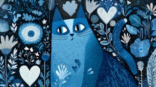 蓝色猫咪置身梦幻花草间