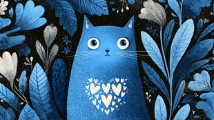 蓝色萌猫置身梦幻植物间