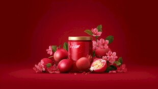 红底石榴果酱花卉静物图