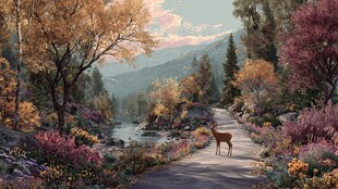 秋日林间小道上的独行小鹿