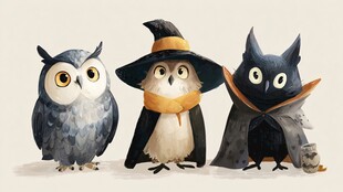 三只萌态猫头鹰的魔法装扮