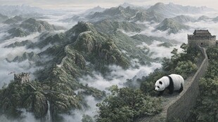 熊猫漫步于云雾缭绕长城