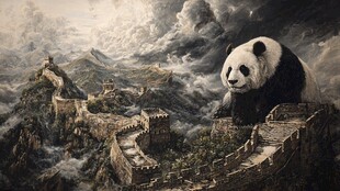 熊猫傲立长城 气势非凡