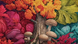 秋日树下蘑菇与缤纷花叶