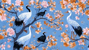 蓝底花鸟图 鹤栖繁花间