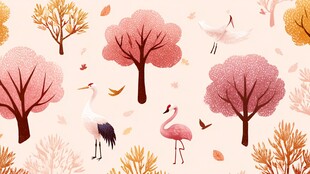 秋日森林中的鸟类与树木