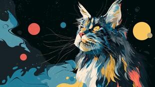 梦幻色彩的长毛猫插画