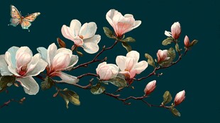 玉兰花枝上的蝴蝶飞舞