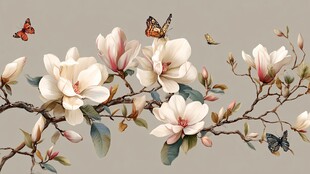 玉兰花枝上的蝶舞春景