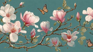 玉兰花枝间的蝶舞美景