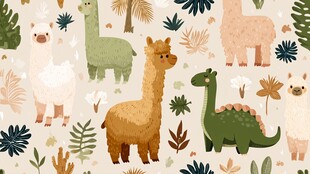 可爱羊驼与恐龙的植物世界