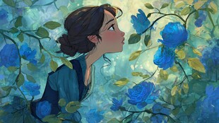 少女闻蓝玫瑰的梦幻瞬间