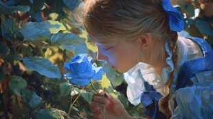 女孩轻嗅蓝玫瑰的梦幻时刻