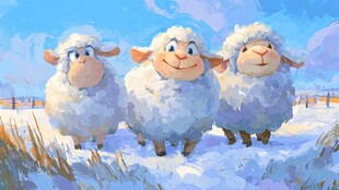 雪地中的三只可爱绵羊