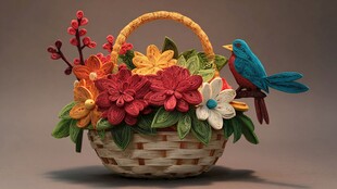 编织花篮上的多彩小鸟花卉
