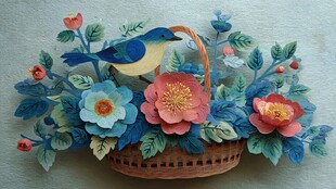 立体纸艺花篮与栖息小鸟