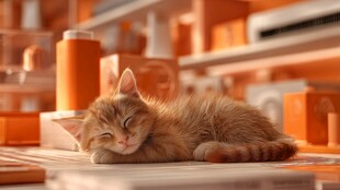 橘猫在橙色空间惬意小憩