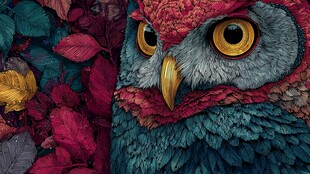 多彩猫头鹰置身繁茂花叶间