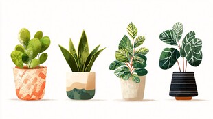 四盆别致盆栽植物插画