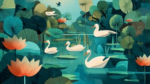 荷塘天鹅悠游图