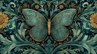 青蓝蝴蝶与花卉装饰图案