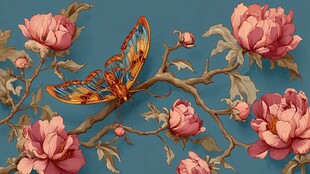 蓝底蝶戏繁花图