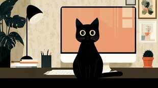 黑猫端坐电脑前的温馨场景