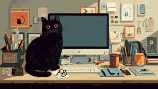 黑猫坐镇创意工作桌面