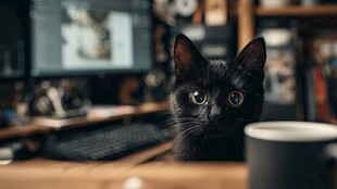 黑猫咪端坐于温馨工作桌前