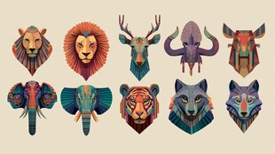 多彩动物头像插画集合