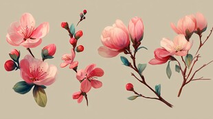 粉色花卉插画 柔美春意浓