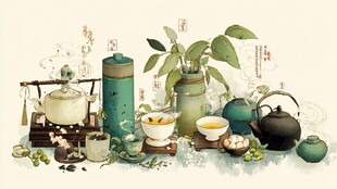 中式雅致茶具与绿植组合