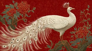 红底白孔雀与花卉图案