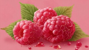 三颗鲜润树莓与绿叶相伴