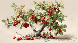 手绘枝头红果绿叶景致