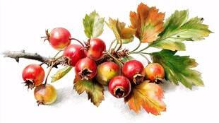 秋意山楂枝上果实与叶