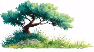 水墨风孤树与草地景观