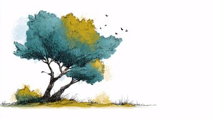 水墨风孤树飞鸟自然图景