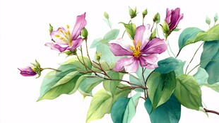 水彩绘粉花绿叶植物图