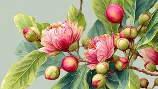 娇艳粉色花卉与果实特写