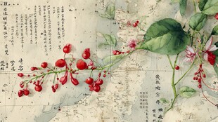 手绘地图上的红果绿植