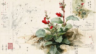 手绘红花卉与图纸艺术呈现