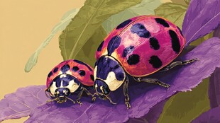 两瓢虫栖于紫叶上