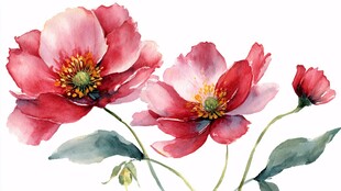 水彩绘就的娇艳粉色花卉